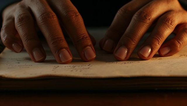 Resting Hands Tracing Cursive Ledger Under Warm Light, Close-Up on Fingers and Manuscript