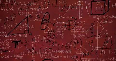 Complex math equations and graphs on chalkboard