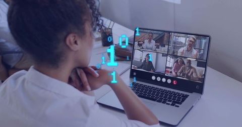 Professional woman joining virtual team meeting on laptop with digital data overlay