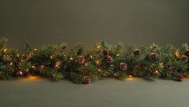 Evergreen garland glowing with warm amber lights and pine cones on dark green tabletop
