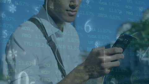 Businessman Navigating Financial Data on Smartphone Outdoors