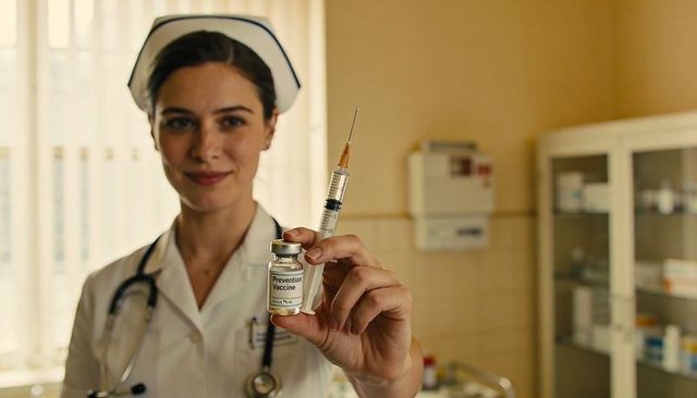 Nurse presenting vaccine vial and syringe in clinic for immunization and patient care