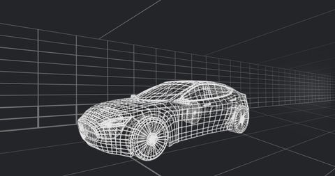 Digital Wireframe Car Model on Dark Background