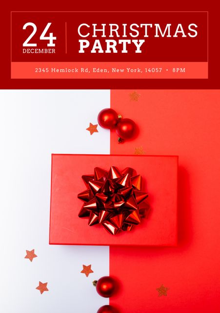 Square image of christmas party text and christmas balls and ribbons. Christmas party and celebrations campaign.