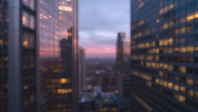 Blurry urban cityscape at sunset with glowing offices