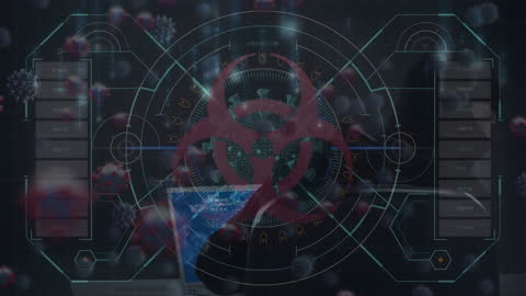 Futuristic Cybersecurity Network with Virus Cells and Data Panels