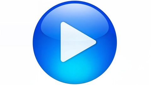 Glossy blue play button icon with white triangle for web app and media controls