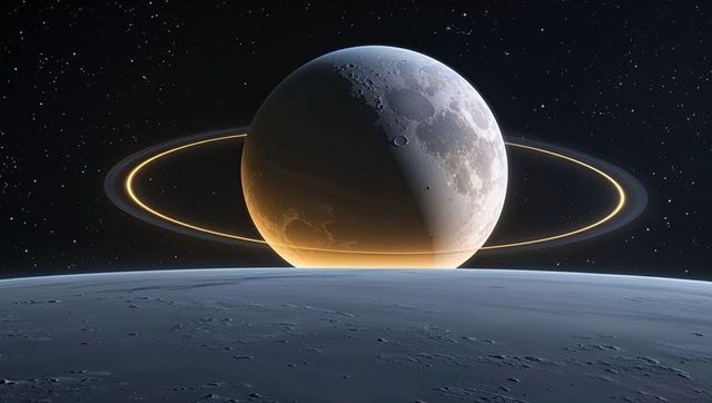 Luminous ringed planet over cratered moon surface