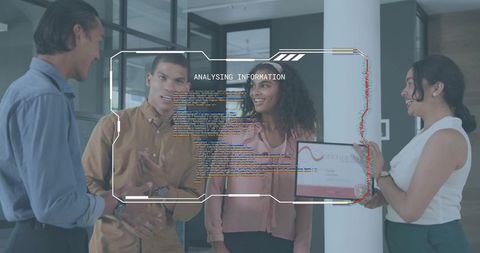 Office team celebrating achievement presenting certificate with futuristic hud overlay