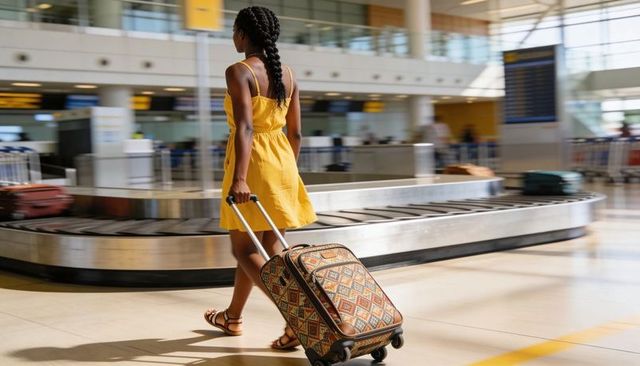 Traveler in yellow dress pulling patterned suitcase across airport carousel