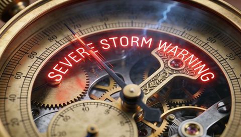 Steampunk brass gauge showing glowing red warning needle above ornate clockwork gears