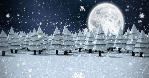 Magical Night Snowfall Over Winter Forest with Full Moon