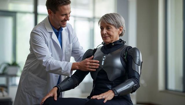 Clinician fitting robotic exoskeleton on senior woman for rehabilitation and assistive therapy