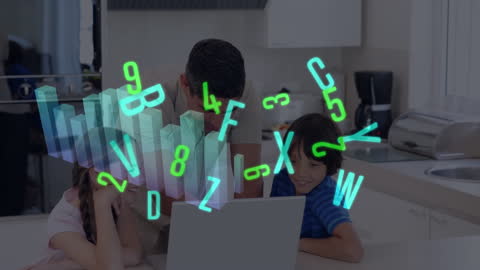Father and Children Using Laptop with Digital Data Overlay
