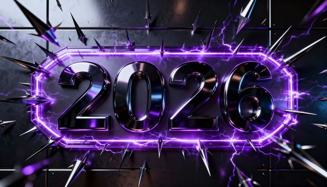 Futuristic 3d glossy 2026 neon chrome numerals pulsing with purple electricity and spikes