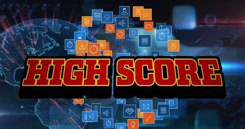High Score and Digital Icons over Global Network Background - Download Free Stock Images Pikwizard.com