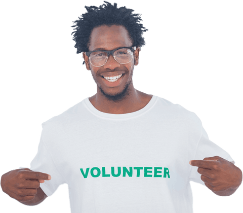 Smiling Man Wearing Transparent Volunteer T-Shirt Pointing with Both Hands