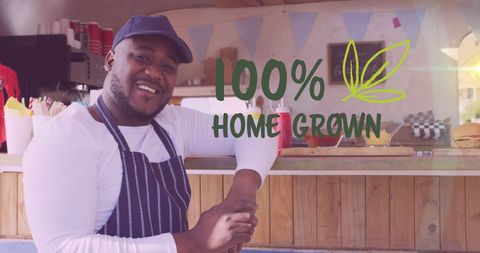 Smiling Chef at Food Truck with 100% Home Grown Message