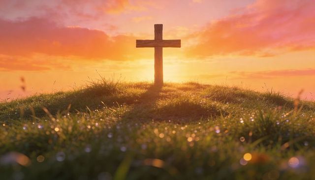 Weathered wooden cross on dewy hill at sunrise with golden backlight and bokeh