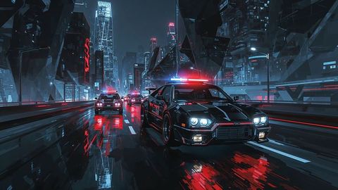 Futuristic police chase on neon lit cyberpunk highway