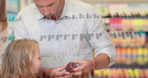 Father and daughter choosing apple in supermarket aisle with data analytics overlay concept