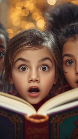 Children Reading Magical Storybook Under Warm Twinkling Lights, Expressing Wide-Eyed Wonder