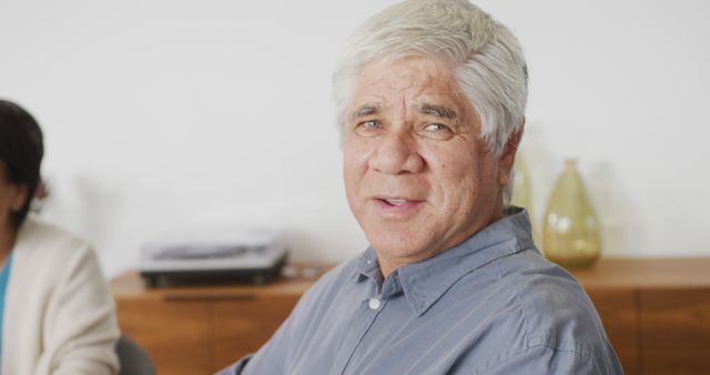 Senior man smiling indoors in casual clothes. He appears happy and relaxed in a comfortable home environment. This can be used in advertisements and articles about retirement, active lifestyles for elderly, mental well-being, or family life. It could also be suitable for use in medical care contexts to portray positive aging and senior health.