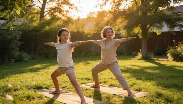 Grandmother and granddaughter practicing yoga warrior pose together in sunlit backyard