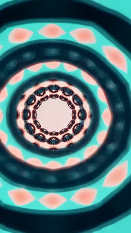 Vertical neon tunnel pulling back through concentric rings creating hypnotic kaleidoscope loop