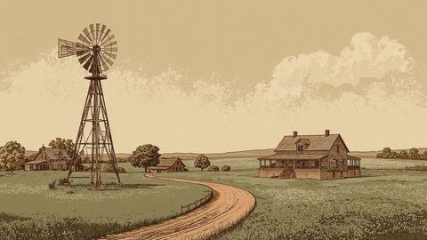 Rustic farmhouse with windmill in open nebraska countryside