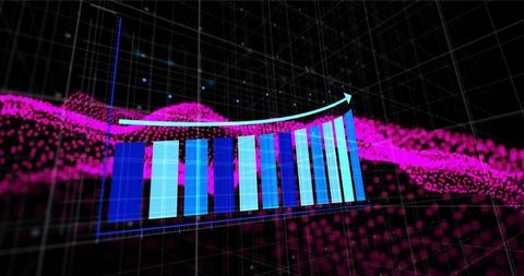 3D Bar Chart with Futuristic Analytics Grid and Trend Arrow