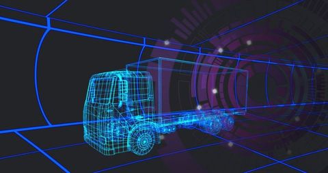 Futuristic wireframe semi-truck in digital 3d grid tunnel