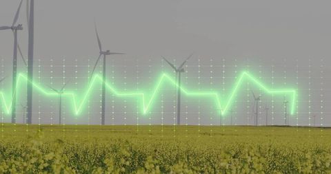 Wind Turbines Over Rapeseed Field with Green Energy Graph