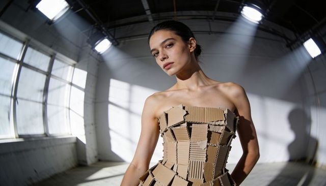 Model wearing upcycled cardboard dress posing in minimalist industrial studio under spotlights