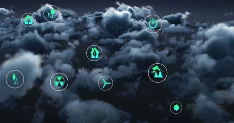 Futuristic energy and sustainability icons in cloudscape