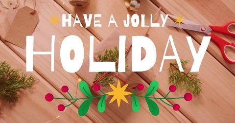 Have Jolly Holiday Rustic Gift Wrapping Flat Lay with Kraft Gift, Twine, Scissors, Sprigs