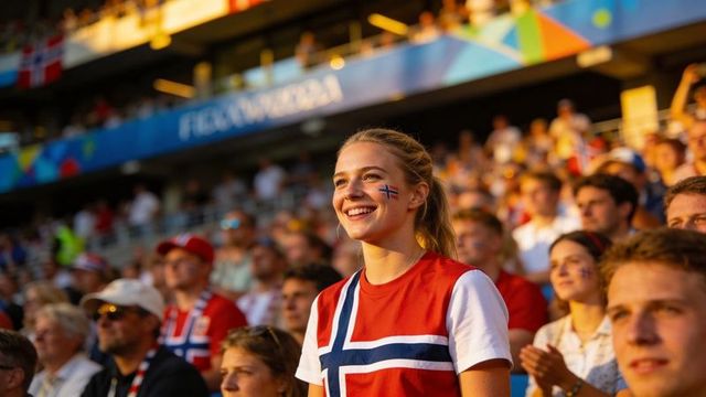 Norway football fan cheering in stadium wearing flag face paint and team jersey