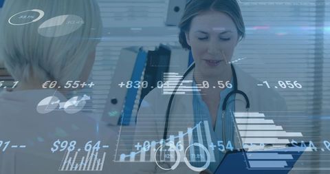 Female Doctor Analyzing Medical Data with Digital Interface Graphics