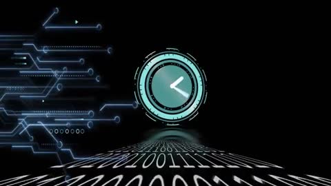 Futuristic Digitized Clock with Pulsing Circuits and Binary Data Floor
