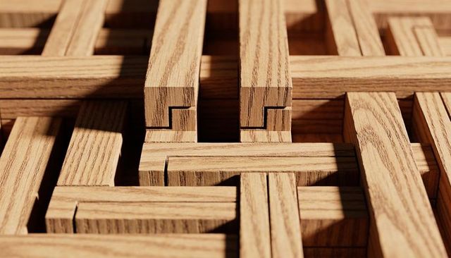Interlocking oak lattice showing mortise-and-tenon joinery and rich wood grain