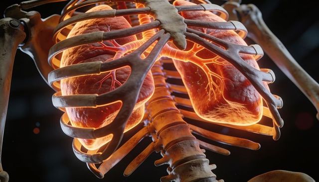 Glowing 3d thoracic anatomy render showing rib cage, sternum, spine and lungs