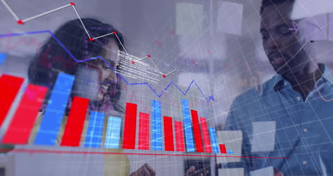Coworkers Analyzing Data with Digital Graphs and Code Overlays