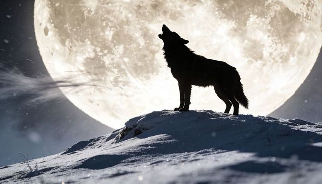 Howling lone wolf silhouetting on snowy ridge under giant full moon, dramatic night scene