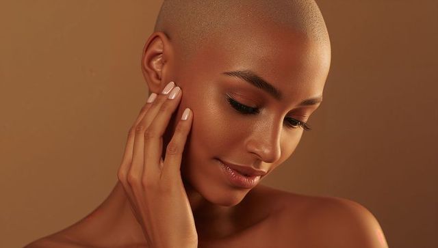 Bald woman tilting head touching cheek with manicured nails warm-glow beauty portrait