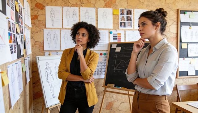 Two fashion designers examining sketches and moodboard in creative studio planning brand