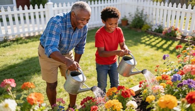 Grandfather and grandson watering colorful flower bed in sunny backyard