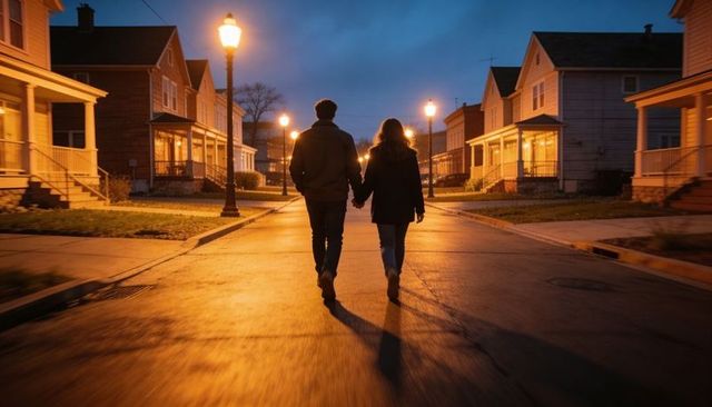 Couple walking hand in hand on quiet residential street at dusk under warm streetlights