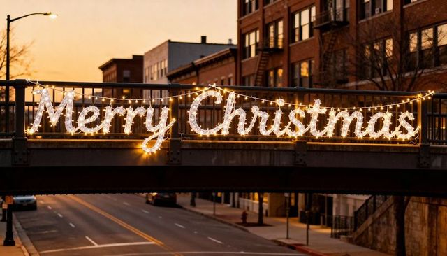 Glowing Merry Christmas Lights Draping Pedestrian Bridge at Dusk