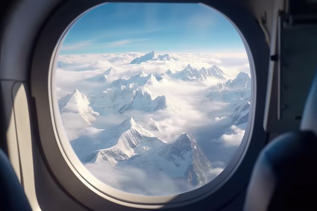 Sky and mountains seen through airplane window, created using generative ai technology. Air travel and outside airplane window concept digitally generated image.