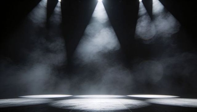 Three Spotlights Illuminating Foggy Stage, Dramatic Cinematic Lighting Casting Beams on Wooden Floor